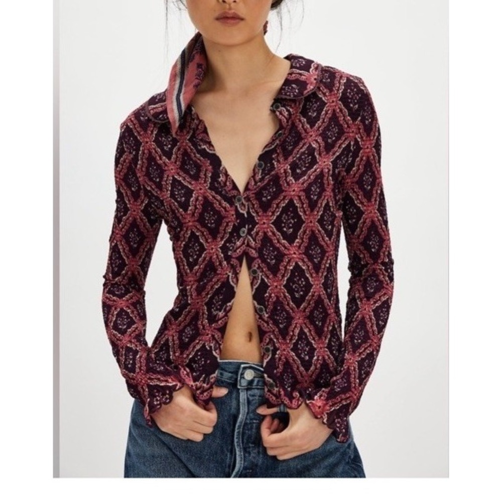 Free People Caught A Feeling Cardi Top XS Smocked Boho Stretch Fairy Boho Y2K